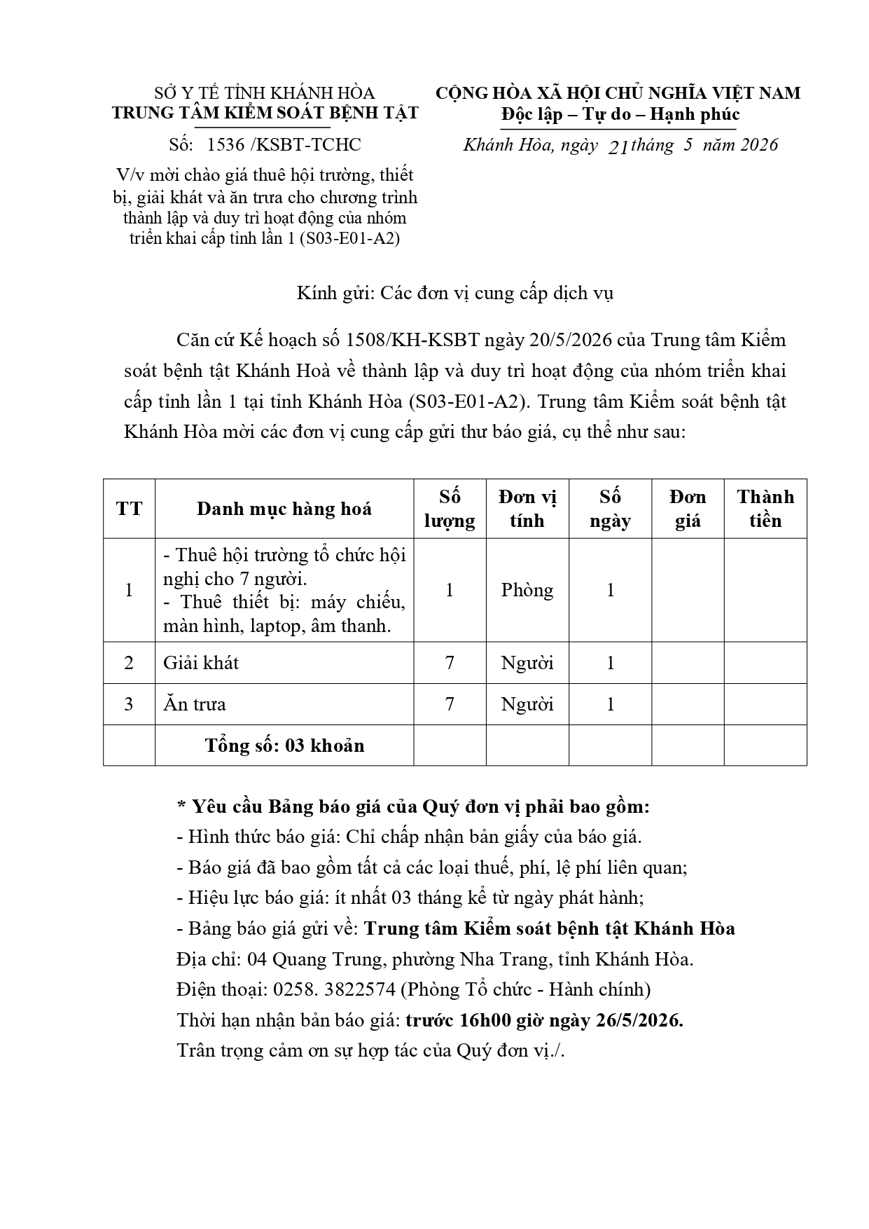 V/v mời chào giá thuê hội trường, thiết bị, giải khát và ăn trưa cho chương trình thành lập và duy trì hoạt động của nhóm triển khai cấp tỉnh lần 1 (S03-E01-A2)
